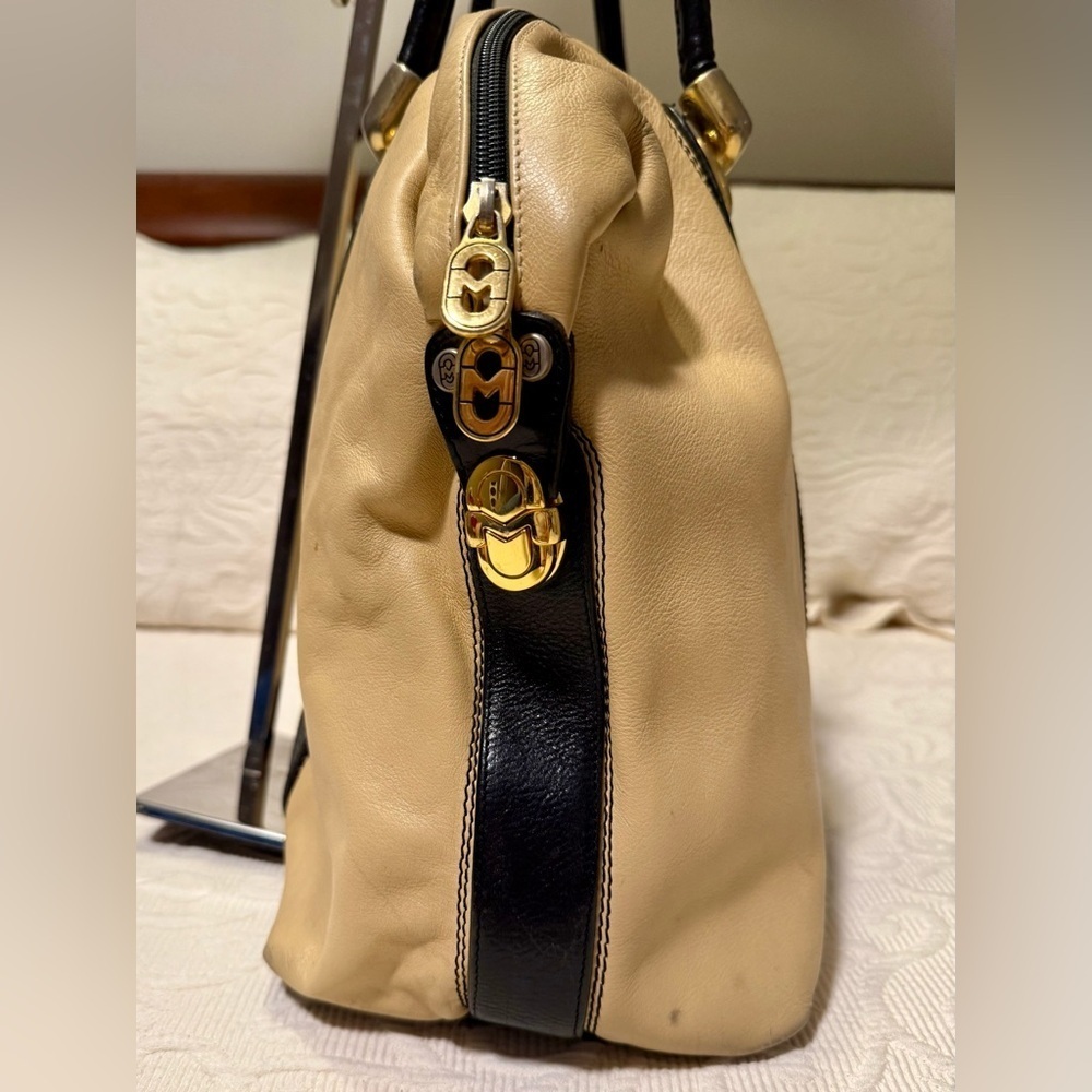 Gently Used Marino Orlandi Tan and Black Italian Leather Travel Bag - Picture 6 of 8